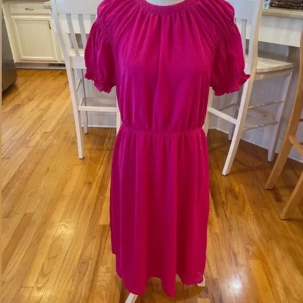 [Skies are blue] hot pink shirt sleeve prairie dress